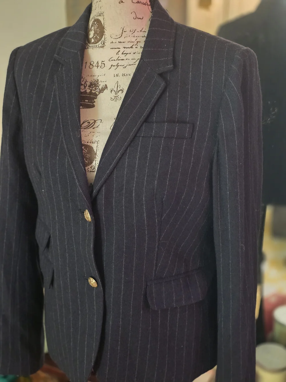 J. Crew Navy Pinstripe Blazer with Gold Buttons